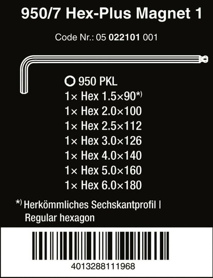Wera 950/7 Hex-Plus Magnet 1 L-Key Set Chrome Plated Metric 7 Pieces 05022101001