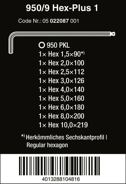 Wera 950/9 Hex-Plus 1 L-Key Set Chrome Plated Metric 9 Pieces 05022087001