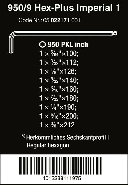 Wera 950/9 Hex-Plus 1 L-Key Set Imperial 9 Pieces 05022171001