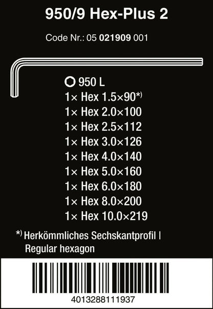 Wera 950/9 Hex-Plus 2 L-Key Set Chrome Plated Metric 9 Pieces 05021909001