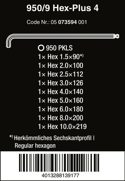 Wera 950/9 Hex-Plus 4 L-Key Set Chrome Plated Metric 9 Pieces 05073594001