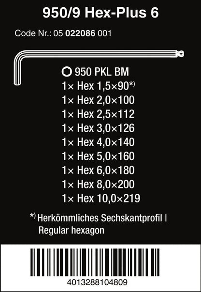 Wera 950/9 Hex-Plus 6 L-Key Set Metric 9 Piece 05022086001