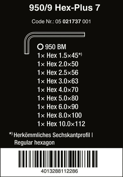 Wera 950/9 Hex-Plus 7 L-Key Set Metric 9 Pieces 05021737001