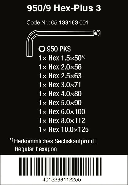 Wera 950/9 Hex-Plus L-Key Set 9 Piece Metric 05133163001