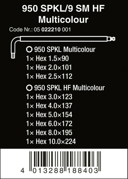 Wera 950/9 HF 1 Hex-Plus Multicolor L-Key Set Metric 9 Pieces 05022210001