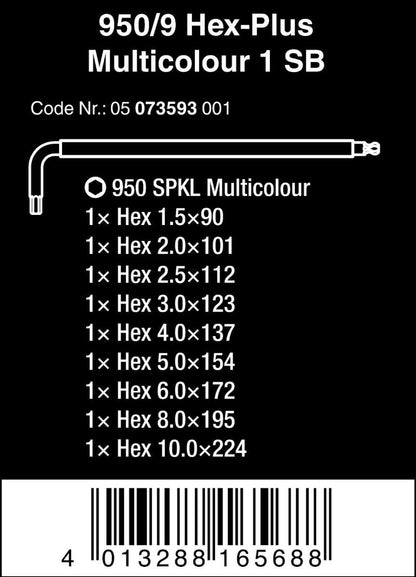 Wera 950/9 Metric 9-Piece Hex-Plus L-Key Set – Multicolor Professional Hex Keys – 05073593001