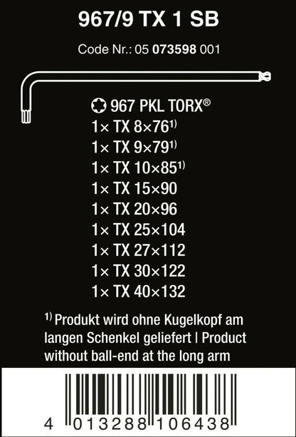 Wera 967/9 TX 1 SB TORX® L-Key Set With Ball End 9 Pieces 05073598001