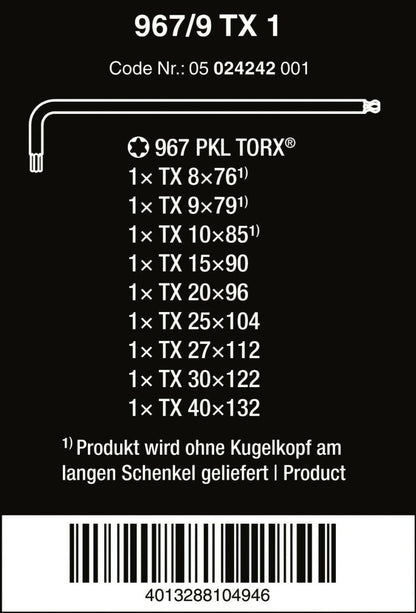 Wera 967/9 TX 1 TORX® L-Key Set With Ball End 9 Pieces 05024242001