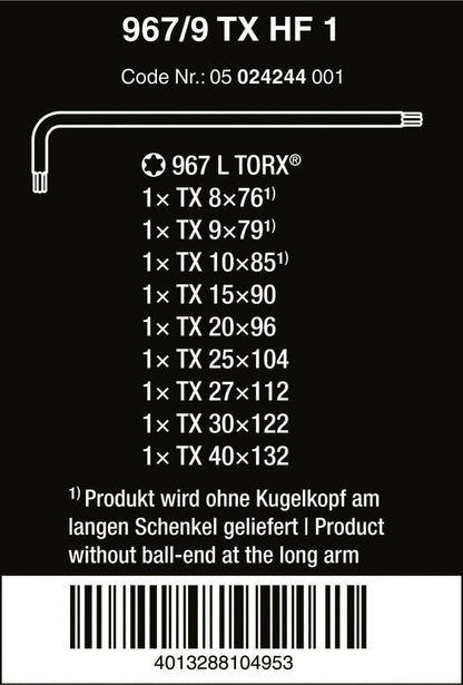 Wera 967/9 TX HF 1 TORX® L-Key Set 9 Pieces 05024244001