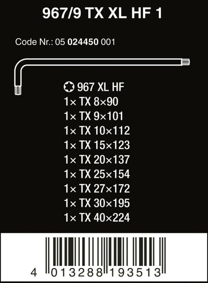 Wera 967/9 TX XL HF 1 TORX® L-Key Set With Holding Function 9 Pieces 05024450001
