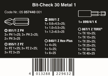 Wera Bit-Check 30 Metal 1 SB Screwdriver Bit Set 05057440001