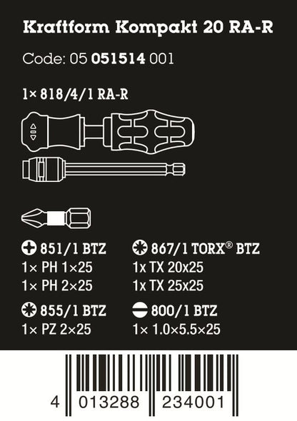Wera Kraftform Kompakt 20 RA-R Ratcheting Screwdriver Set With Pouch 05051514001