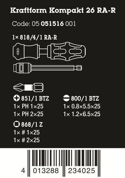 Wera Kraftform Kompakt 26 RA-R Ratcheting Screwdriver Set With Pouch 05051516001