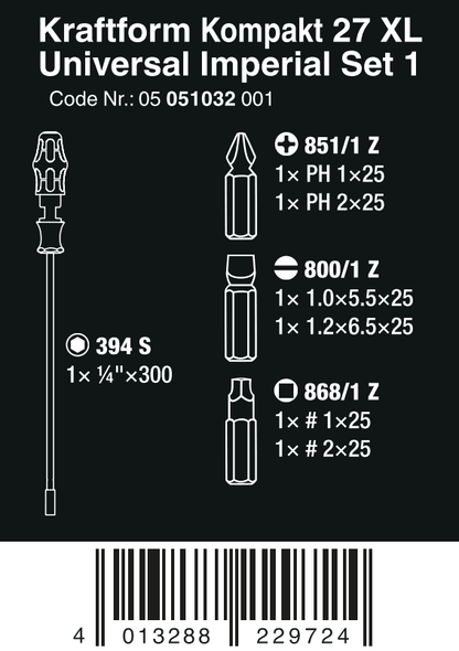 Wera Kraftform Kompakt 27 XL Universal Set 1 Screwdriver Set SAE 05051032001