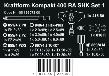 Wera Kraftform Kompakt 400 RA SHK Set 1 HVAC Ratcheting T-Handle Set Metric 05136072001