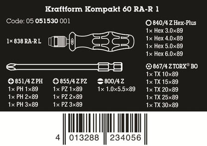 Wera Kraftform Kompakt 60 RA-R 1 Ratcheting Screwdriver Set Metric 05051530001