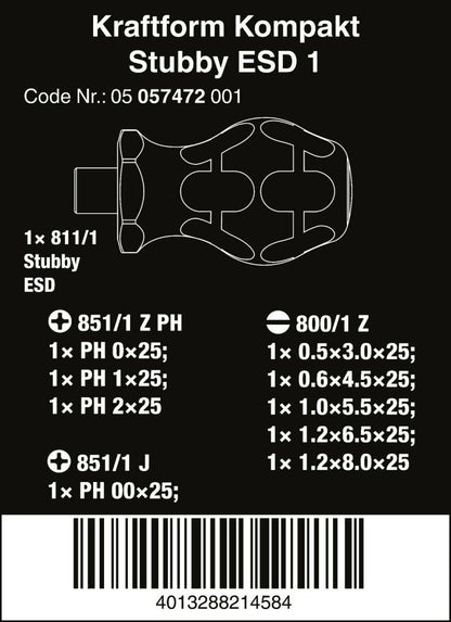 Wera Kraftform Kompakt Stubby ESD 1 Screwdriver Set 10 Piece 05057472001