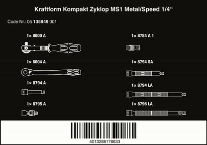 Wera Kraftform Kompakt Zyklop MS1 Metal Speed Socket Wrench Set 1/4" 05135949001