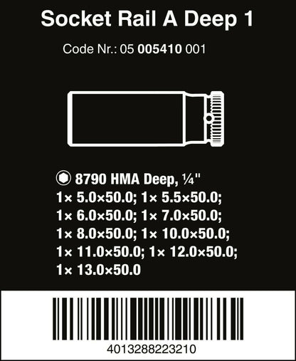 Wera Zyklop Magnetic Socket Rail A Deep 1 Set 1/4" Drive 9 Pieces 05005410001
