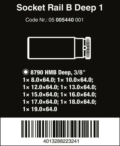 Wera Zyklop Magnetic Socket Rail B Deep 1 Set 3/8" Drive 9 Pieces 05005440001