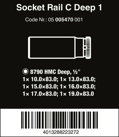Wera Zyklop Magnetic Socket Rail C Deep 1 Set 1/2" Drive 6 Pieces 05005470001