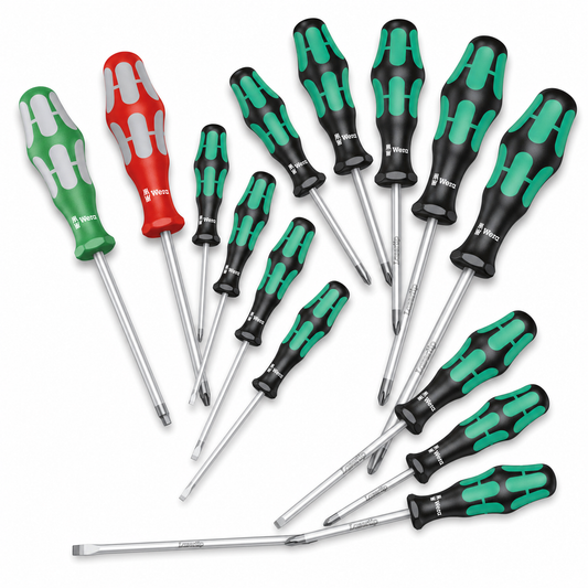 Wera 334/368/12 Kraftform Plus 12-piece screwdriver set fanned out