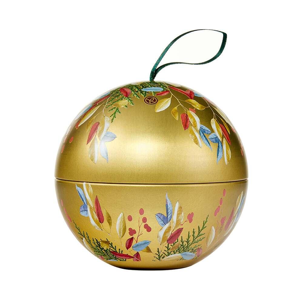 Yves Rocher Golden Metal Sphere Christmas Ornament & Gift Box - Elegant Decoration & Luxurious Gift Presentation